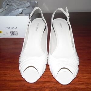 Nine West Women Ivory Leather Open Toe Sling Back Cone Heel Pumps, 7